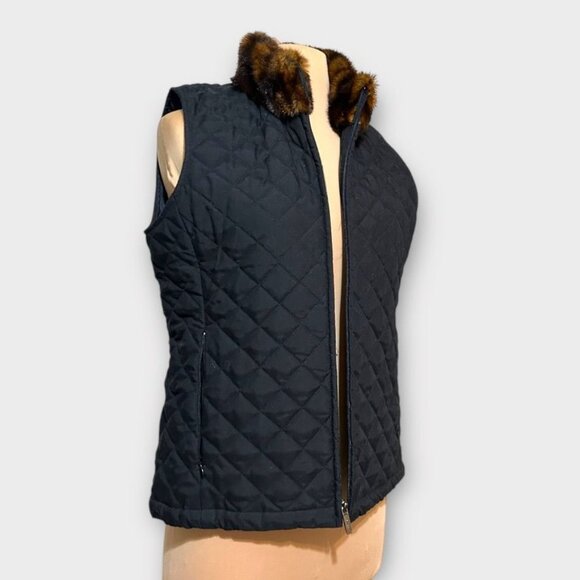 Vintage Quilted Vest Fur Trimmed XS Petite Black Lauren RL 2000s EUC Equestrian - Picture 4 of 9